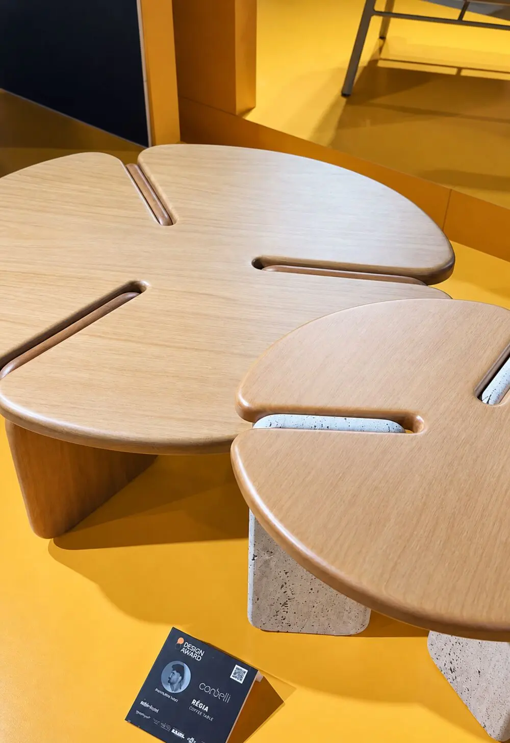 Corbelli Régia coffee table with a wooden top and a stone base