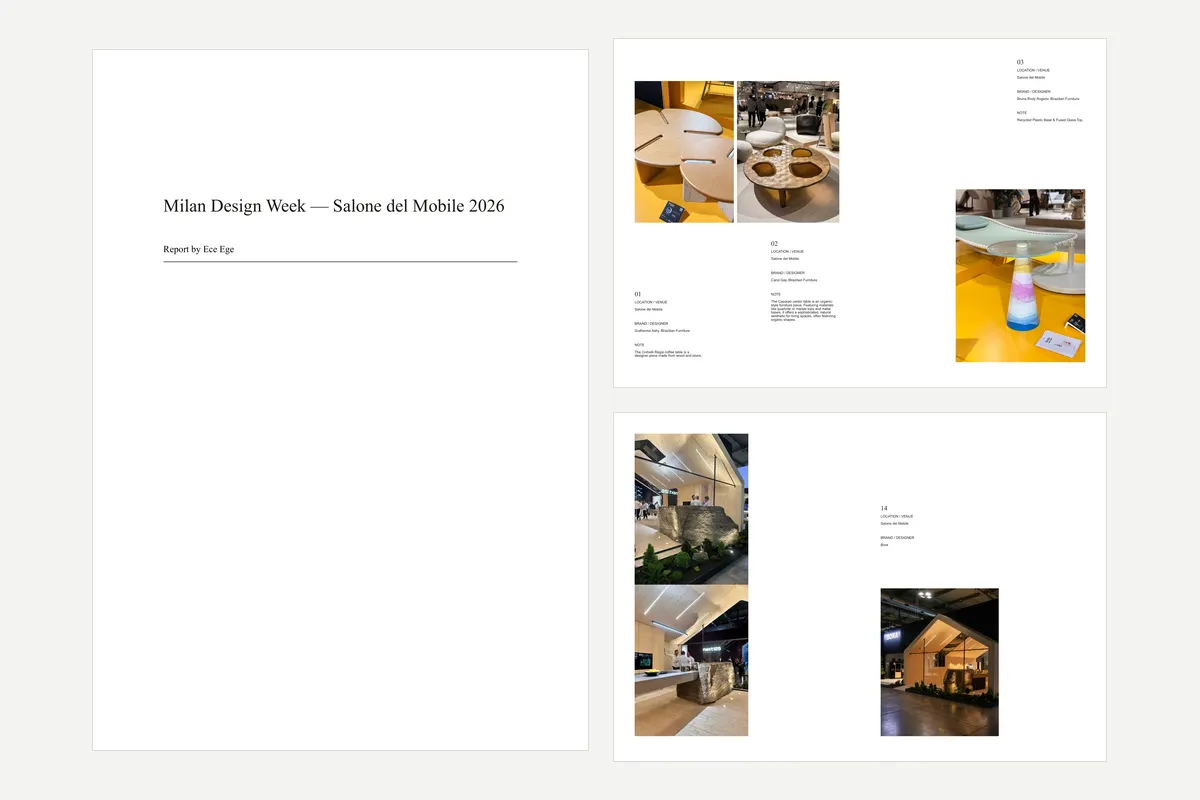 Cover and two pages of CIYCEA’s Milan Design Week 2026 report